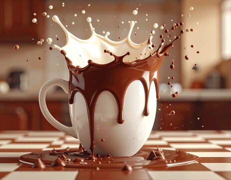 Hot chocolate mug with milk splash chocolate beverage delicious breakfast background isolated