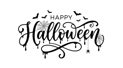 Obraz premium Elegant handwritten happy halloween lettering with bats and dripping ink effects