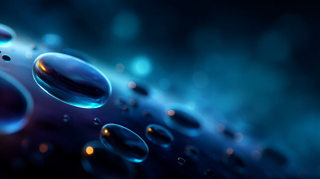 Macro shot of clear water droplets resting on a dark blue reflective surface creating abstract background