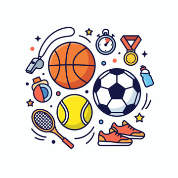 Colorful Set of Sports Equipment and Accessories for Athletic Training and Competition Illustration