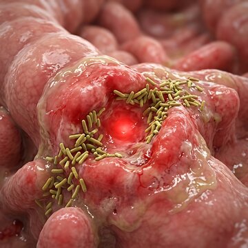 3d medical illustration of a bacterial infection causing inflammation and ulceration on the intestinal lining, highlighting the interaction between pathogens and human tissue