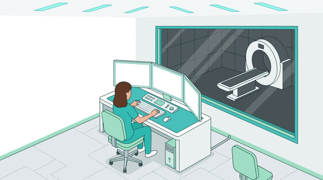 Isometric medical technician operating MRI scanner from control room with monitors in modern hospital clinic vector illustration