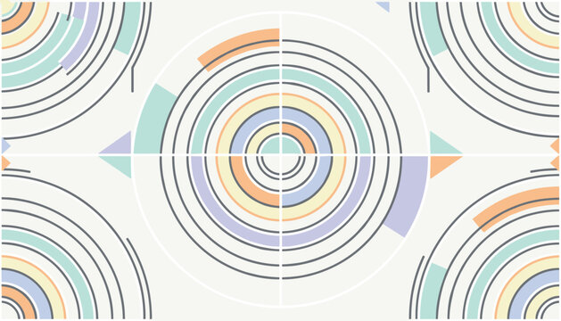 Abstract geometric pattern features colorful concentric circles and semi-circles in pastel tones on a light gray background.