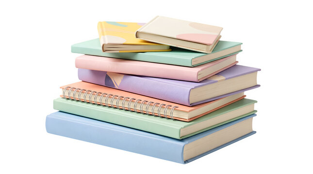 Pastel notebook stack on white background, colorful hardcover journals and spiral diary, minimalist stationery collection for education