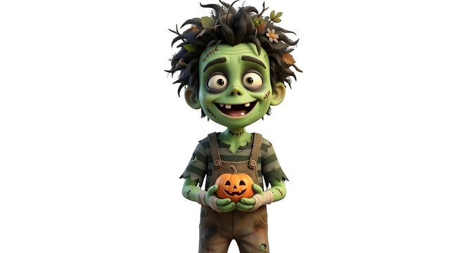 Funny Green Alien Monster Cartoon Zombie Toy Character for Halloween Decoration, 3D Vector Illustration Isolated on White Background