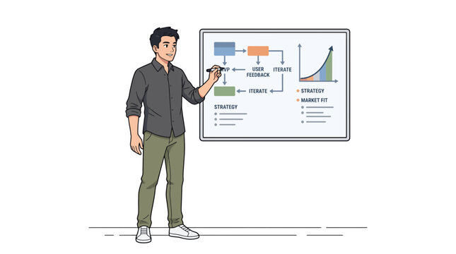 Business strategy development and implementation process explained with a flowchart on a whiteboard