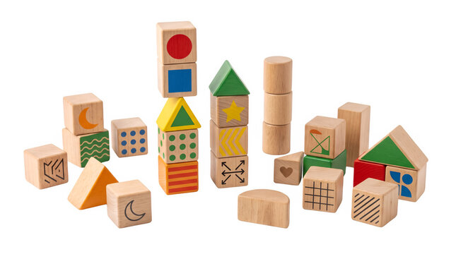 Colorful natural wooden building blocks stacked in house towers on white background. Educational toys for children with geometric shapes and patterns. Pre-school learning aids and nursery play