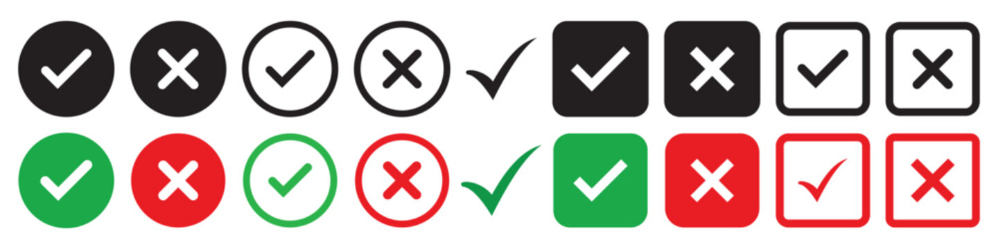 Checkmark cross icon Checkmark icon set. Checkmark right symbol tick sign.