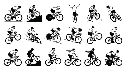 Naklejka premium Black and White Line Art Vector Icon Set of Cyclists Riding Various Bicycles for Sports Fitness
