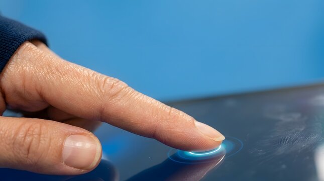 Finger touching digital screen with biometric recognition glowing light