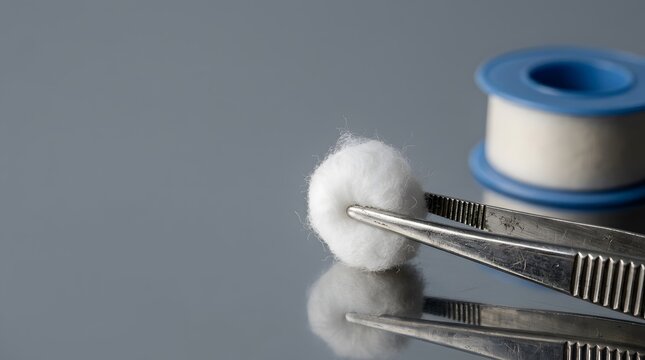 Sterile cotton ball held by surgical tweezers with medical tape