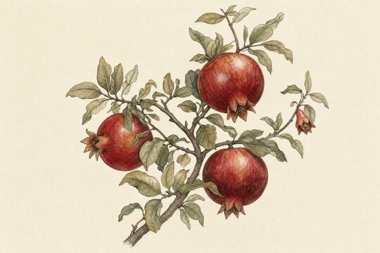 Rich red pomegranates with leaves and crown details in a vintage botanical illustration for packaging design, marketing materials, and editorial layouts