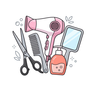 A collection of hairdressing and beauty salon accessories including a hairdryer, scissors, comb, mirror, and lotion bottle, presented in a charming illustration style