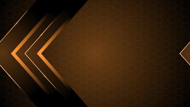 Dark geometric background with hexagonal pattern and layered glowing chevron arrows pointing left animation