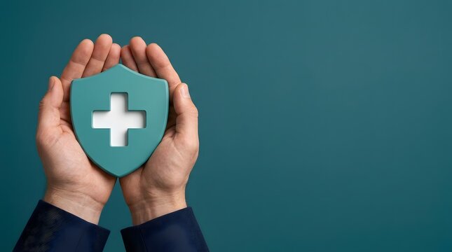 Hands holding medical shield icon for healthcare and insurance protection concept