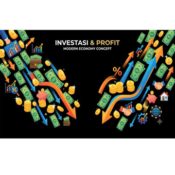 Modern Economy Concept Illustration showing Investment Growth and Financial Loss with Rising and Falling Arrows and Money