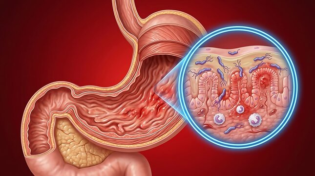 Illustration of a human stomach crosssection showing inflammation of the lining caused by helicobacter pylori bacteria infection