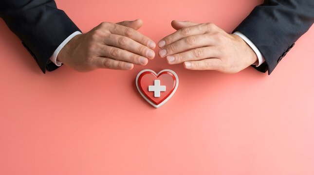 Businessman hands protecting medical heart icon on pink background