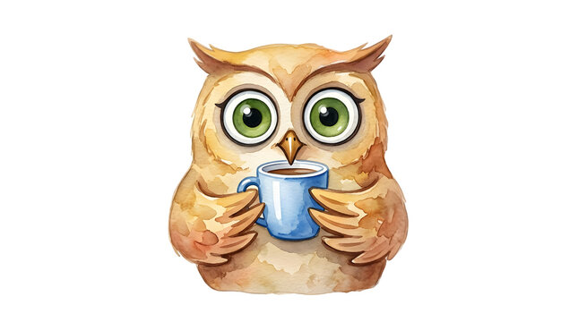 Cute watercolor owl holding a blue coffee cup on white background with watercolor