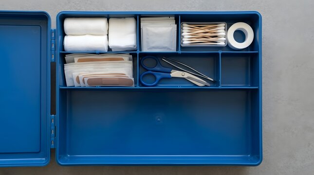Organized blue first aid kit with essential medical supplies