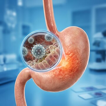 3d medical illustration of a human stomach showing viral infection and inflammation of the gastric lining with microscopic view of viral particles