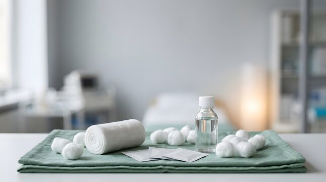 Medical supplies with gauze roll cotton balls and antiseptic bottle on green cloth