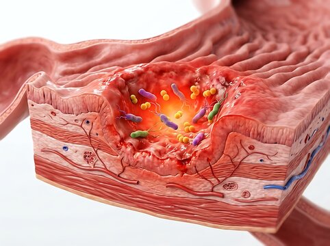 3d medical illustration of a gastric ulcer showing damaged stomach lining tissue with bacterial infection and inflammation
