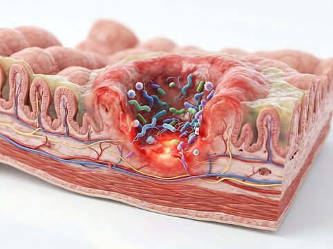 3d medical illustration of a gastric ulcer showing bacterial infection, inflammation, and tissue damage in the stomach lining isolated on white background