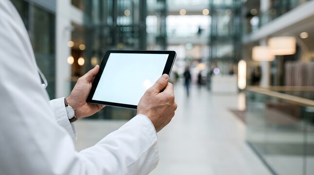 Doctor holding digital tablet with blank white screen in modern hospital lobby