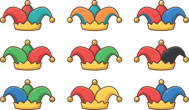 Colorful jester hat vector icon collection for carnival celebration festival themes and medieval fool costume graphic designs