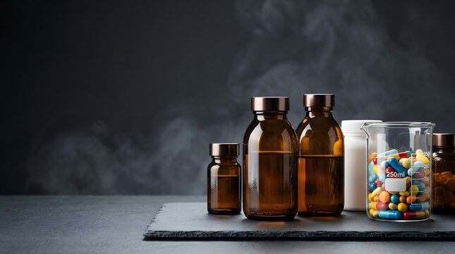 Pharmaceutical glass bottles and colorful capsules in laboratory beaker