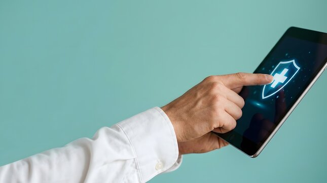 Hand touching medical shield icon on digital tablet screen for health insurance concept