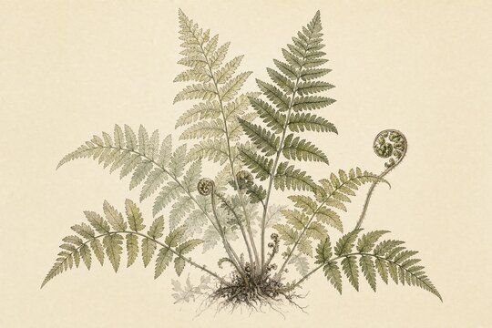 Layered green fern fronds and curled fiddleheads in a muted vintage botanical study for wellness branding, editorial layouts, and web design