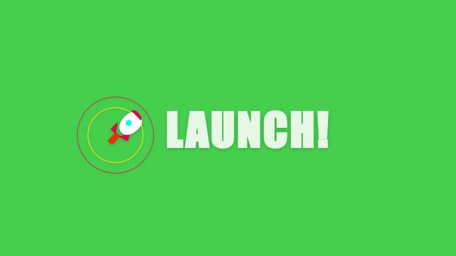Launch text with animated rocket icon motion graphic for startup business project and product release presentation background bold white typography next to a colorful on a green background, perfect
