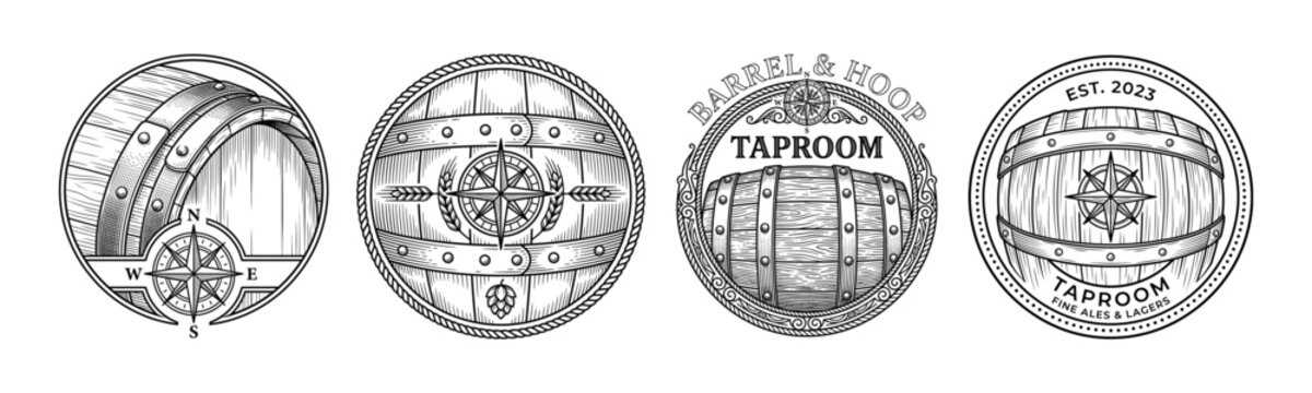 Vintage brewery emblems set featuring wooden barrels, compass icons, and craft beer illustrations