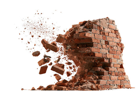 Exploding red brick wall isolated on white background with flying debris and dust particles.