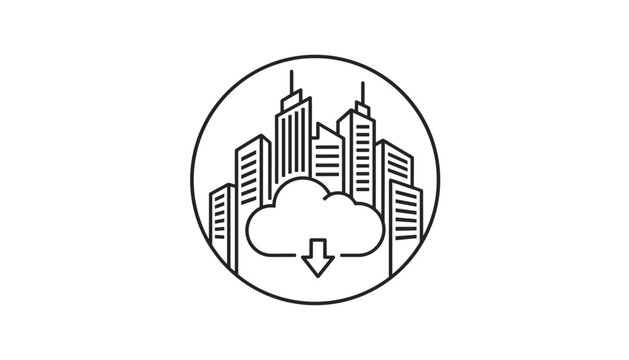 Smart city circular line icon showing modern skyscrapers above a cloud with a downward pointing download arrow.
