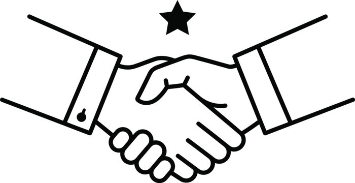 Minimalist handshake icon with star, professional business agreement line art, corporate partnership and success symbol EPS vector