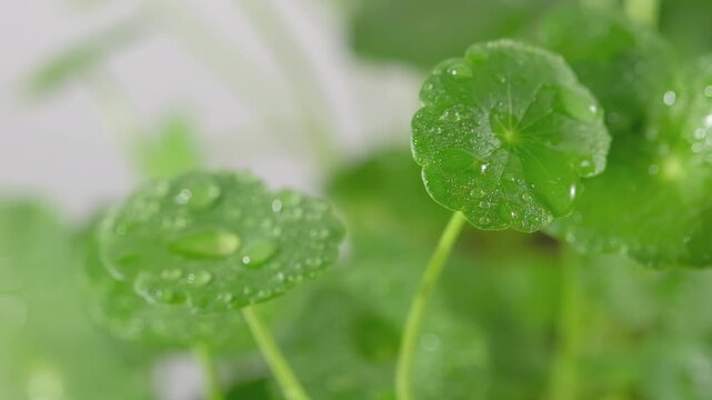 Close-up of fresh gotu kola leaves as water droplets fall onto the foliage, creating a natural refreshing scene with soft greenery and delicate movement.