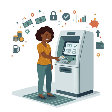 Illustration of an African American woman using an ATM machine to withdraw cash and manage finances