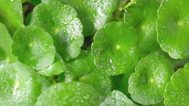 Close-up of fresh green gotu kola leaves as water droplets fall and collect on their surfaces, highlighting the natural freshness of this botanical ingredient.