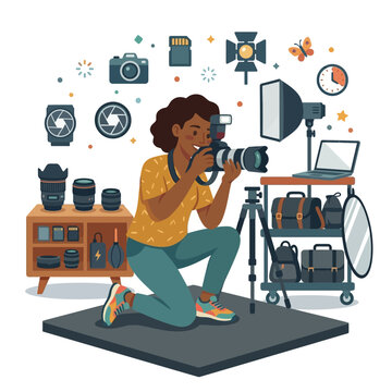 Dedicated female photographer skillfully capturing a moment in a vibrant studio setting, surrounded by essential professional camera equipment and creative accessories