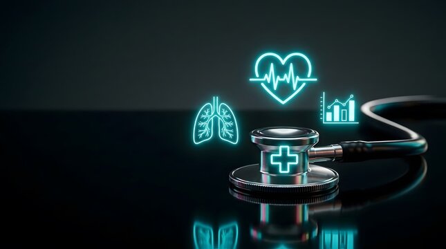 Digital healthcare technology with stethoscope and medical neon icons