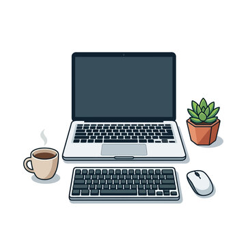 Modern Digital Workspace Illustration featuring a Laptop, Computer Mouse, External Keyboard, Coffee Cup and Potted Plant