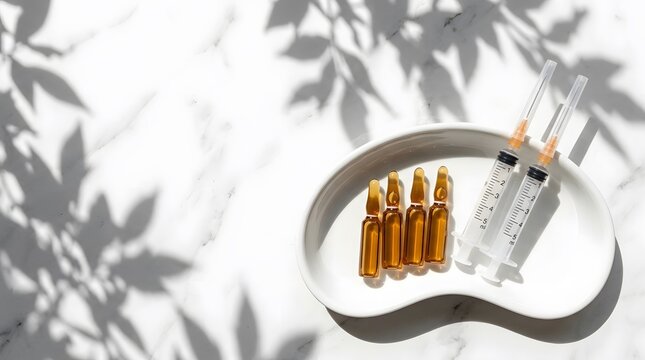 Medical Ampoules and Syringes on a Tray Over Marble Surface with Leaf Shadows
