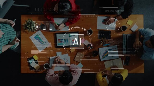A diverse group of professionals engages in a collaborative meeting, utilizing artificial intelligence tools for analysis and brainstorming in a modern office environment. Raster