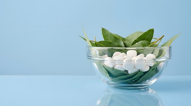 White herbal medicine pills and green leaves in a glass bowl on blue background