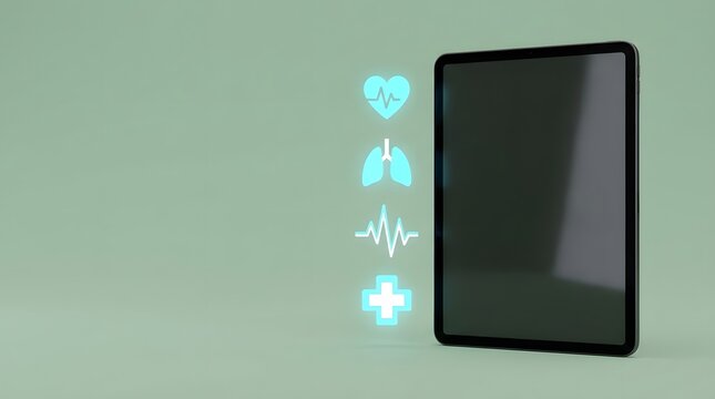 Digital tablet with glowing medical icons for telehealth concept