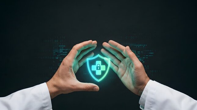 Medical data security concept with hands protecting digital shield and padlock icon