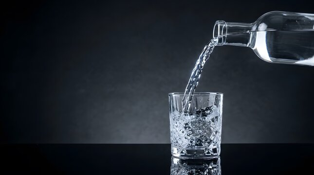 Pouring fresh water from glass bottle into crystal glass on dark background